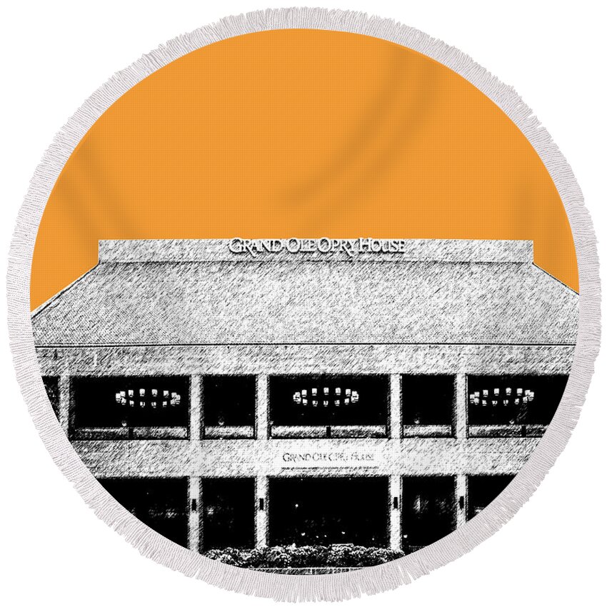 Architecture Round Beach Towel featuring the digital art Nashville Skyline Grand Ole Opry - Orange by DB Artist