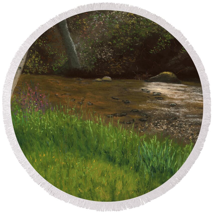 Landscape Round Beach Towel featuring the painting Natasha's Creek by Ginny Neece