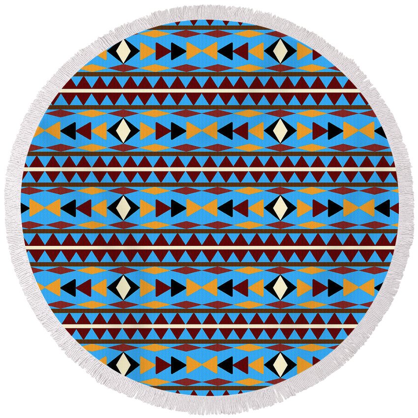 Navajo Round Beach Towel featuring the mixed media Navajo Blue Pattern by Christina Rollo