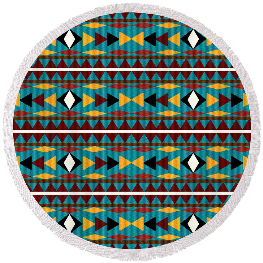 Navajo Round Beach Towel featuring the mixed media Navajo Teal Pattern by Christina Rollo