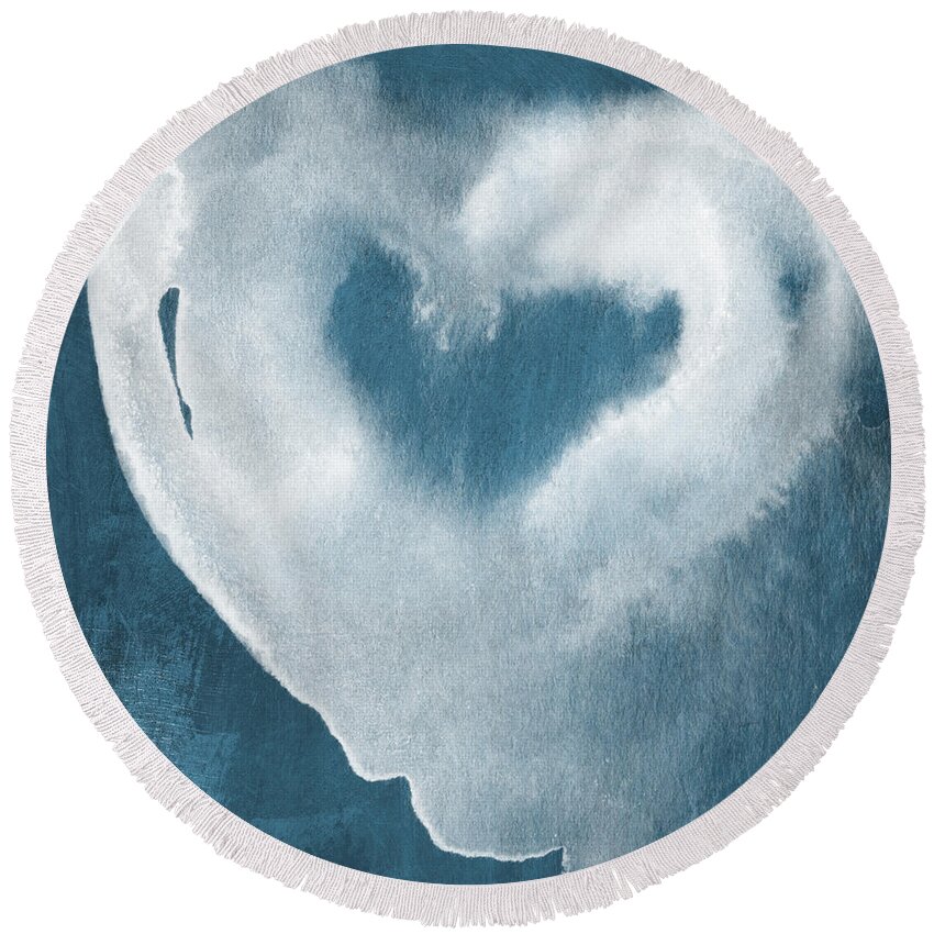 Love Round Beach Towel featuring the mixed media Navy Blue and White Love by Linda Woods