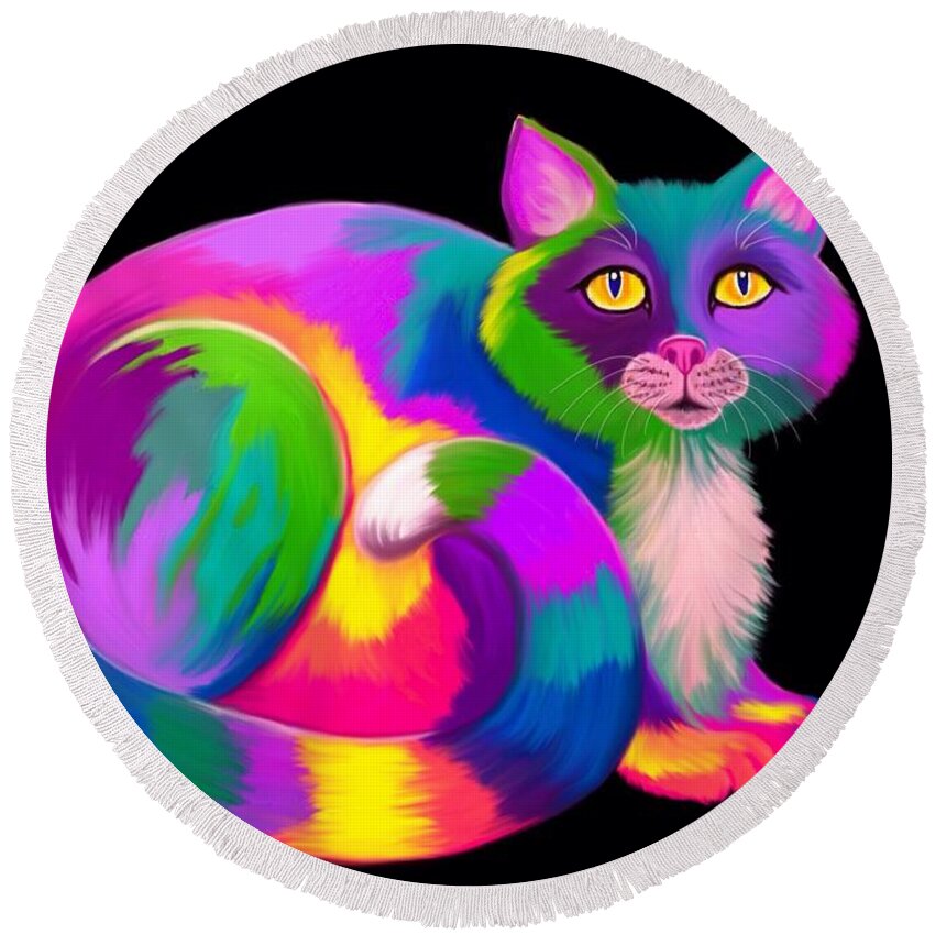 Colorful Cat Artwork Round Beach Towel featuring the painting Neon Bright Cat by Nick Gustafson