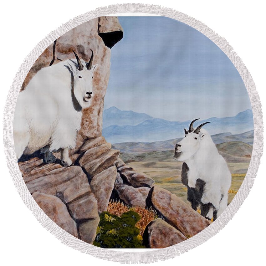 Nevada Round Beach Towel featuring the painting Nevada Mountain Goats by Darcy Tate