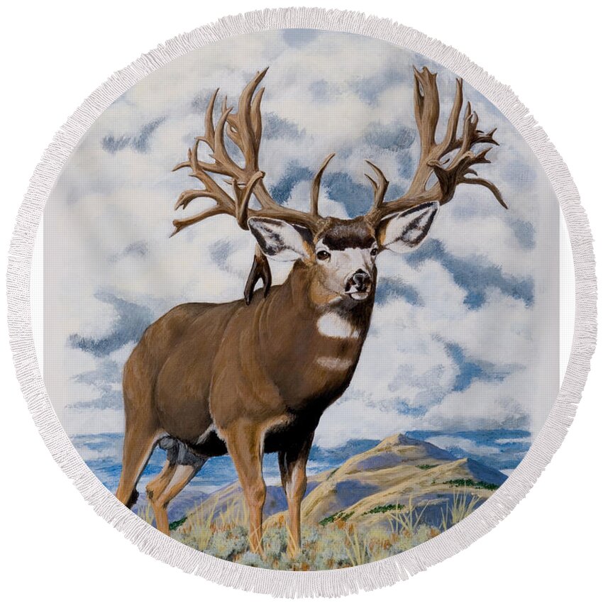 Nevada Round Beach Towel featuring the painting Faria Nevada Nontypical Mule deer by Darcy Tate