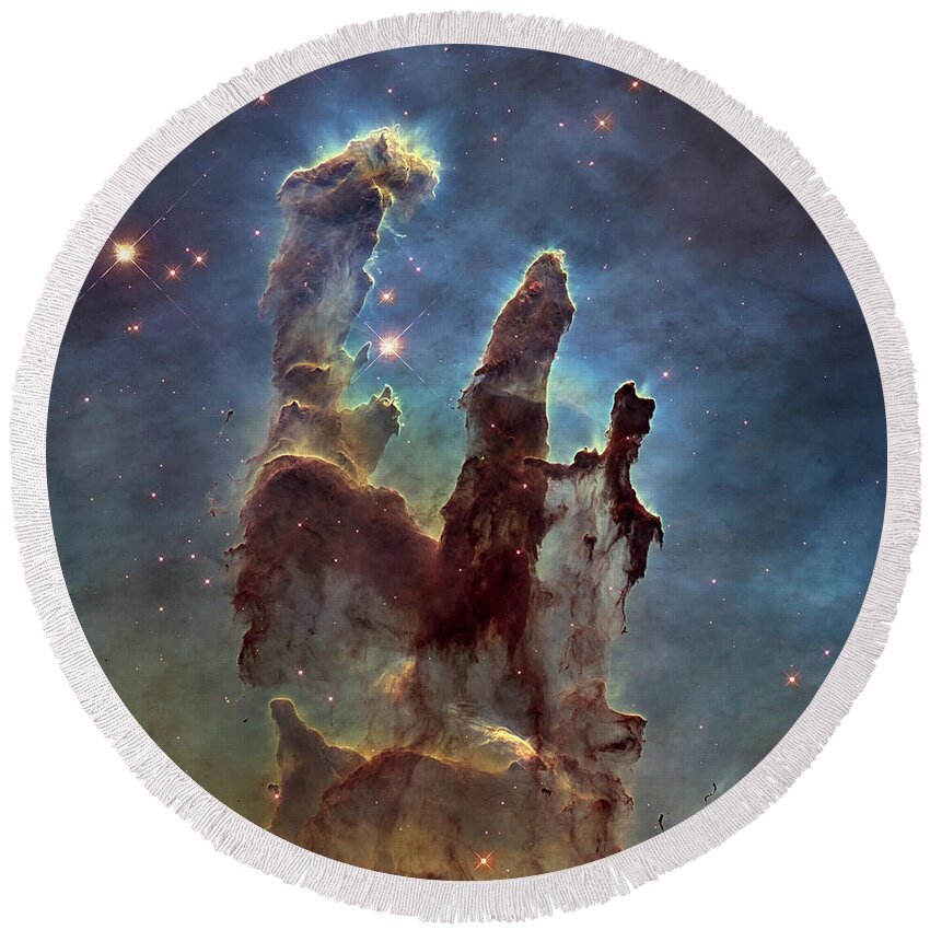 3scape Round Beach Towel featuring the photograph Hubble Pillars of Creation HD Square by Adam Romanowicz