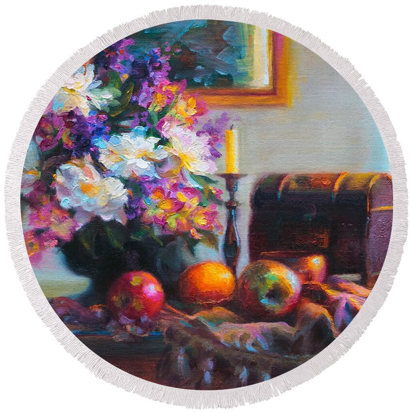 Colorful Round Beach Towel featuring the painting New Reflections by Talya Johnson