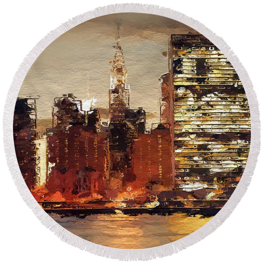 Anthony Fishburne Round Beach Towel featuring the digital art New York City Skyline abstract 2 by Anthony Fishburne