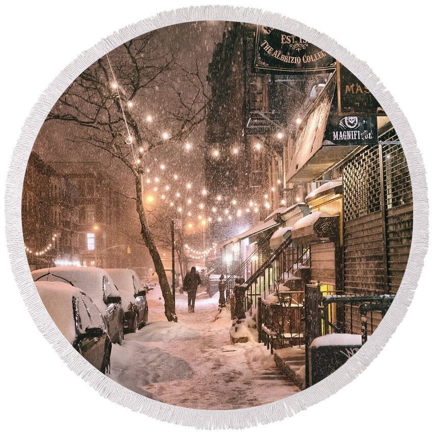 Nyc Round Beach Towel featuring the photograph New York City - Winter Snow Scene - East Village by Vivienne Gucwa