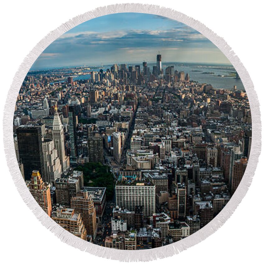 Manhatten Round Beach Towel featuring the photograph New York from a birds eyes - fisheye by Hannes Cmarits