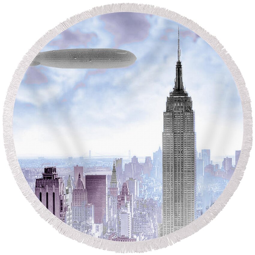 Empire Round Beach Towel featuring the photograph New York Skyline and Blimp by Tony Rubino