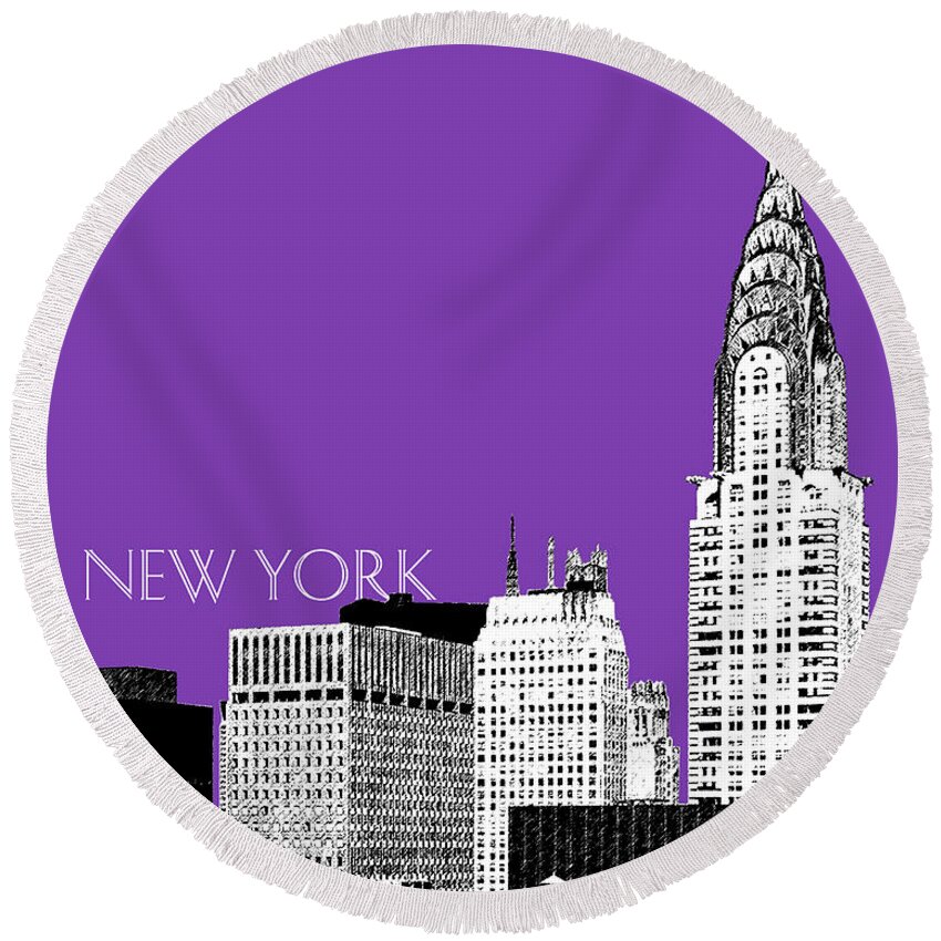 Architecture Round Beach Towel featuring the digital art New York Skyline Chrysler Building - Purple by DB Artist
