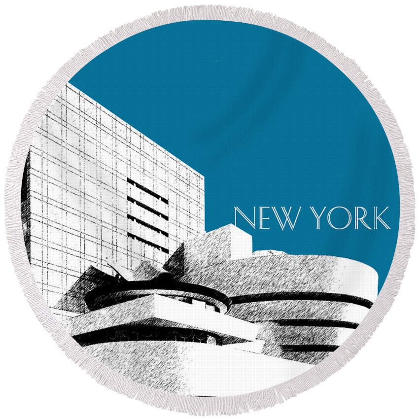 Architecture Round Beach Towel featuring the digital art New York Skyline Guggenheim Art Museum - Steel Blue by DB Artist
