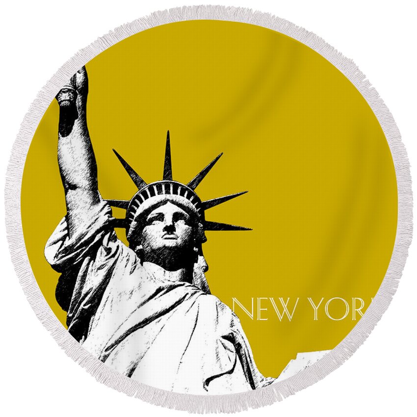 Architecture Round Beach Towel featuring the digital art New York Skyline Statue of Liberty - Gold by DB Artist