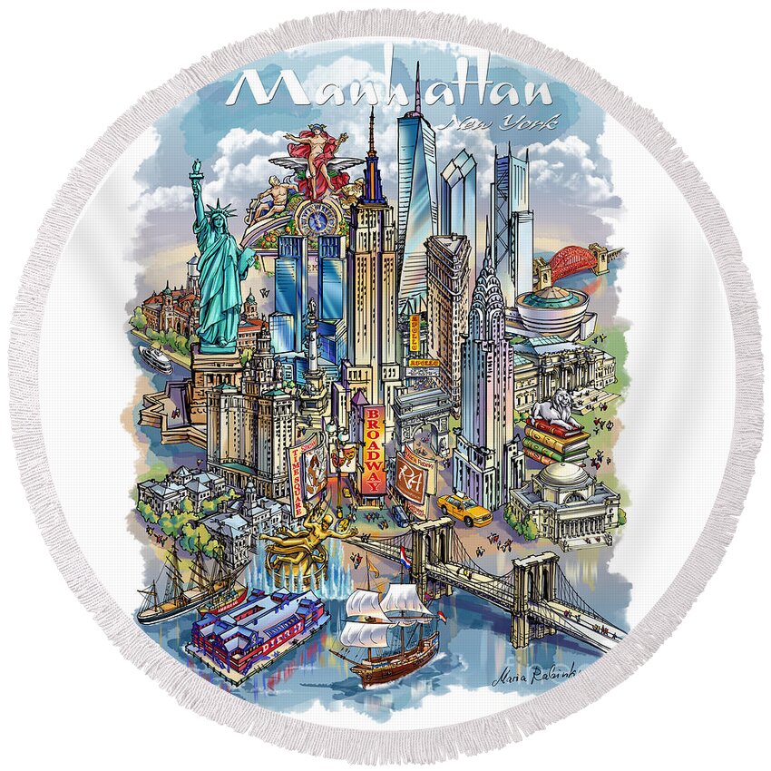 New York City Round Beach Towel featuring the painting New York Theme 1 by Maria Rabinky