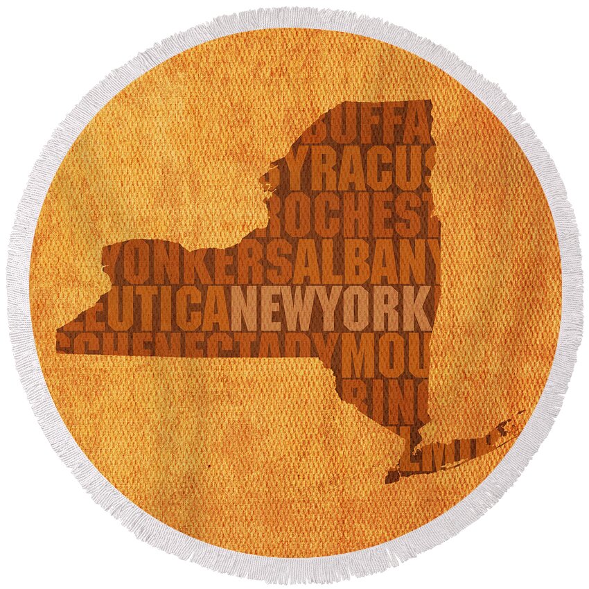 New York Word Art State Map On Canvas Round Beach Towel featuring the mixed media New York Word Art State Map on Canvas by Design Turnpike