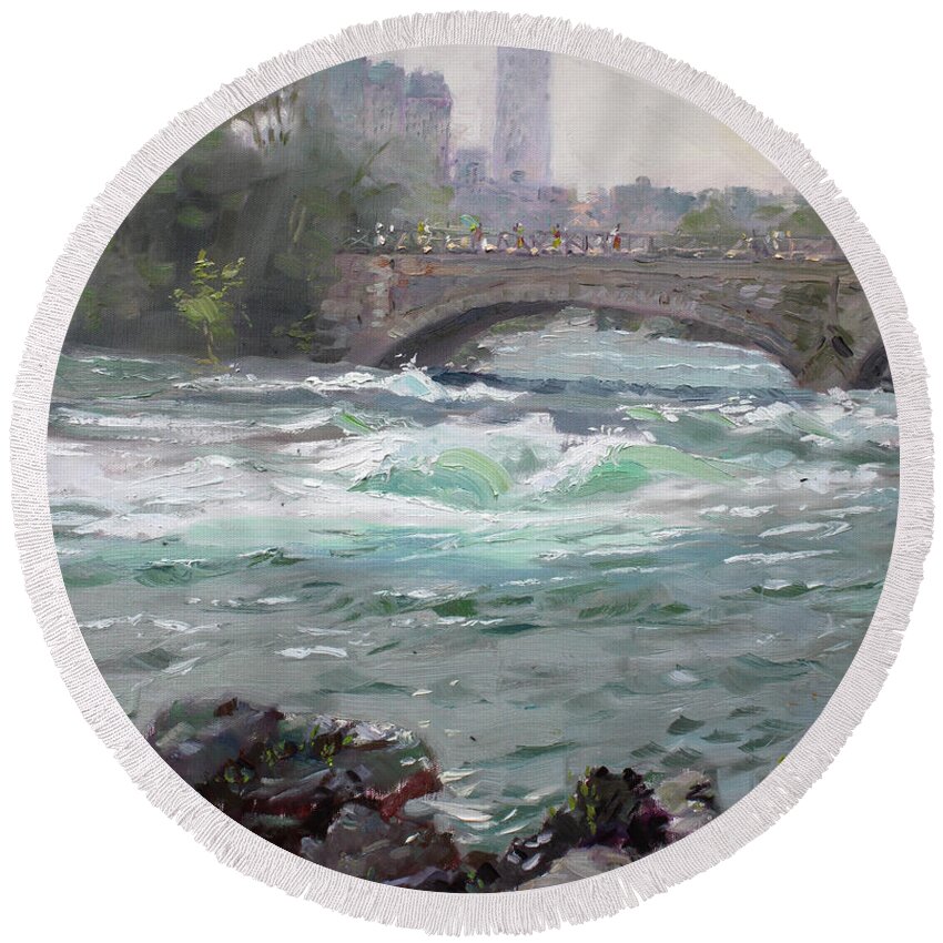 Niagara River Round Beach Towel featuring the painting Niagara Roaring River by Ylli Haruni