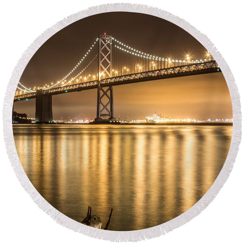 San Francisco Round Beach Towel featuring the photograph Night Descending On The Bay Bridge by Suzanne Luft