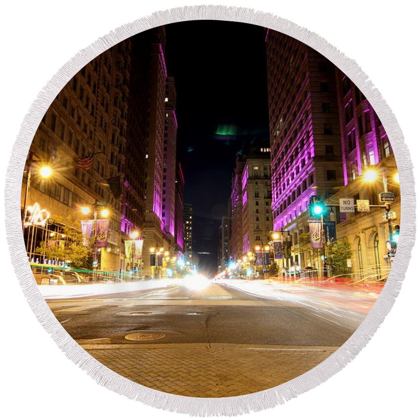 Cityscape Round Beach Towel featuring the photograph Night Life by Paul Watkins