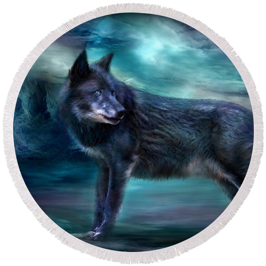 Wolf Round Beach Towel featuring the mixed media Night Of The Wolf by Carol Cavalaris