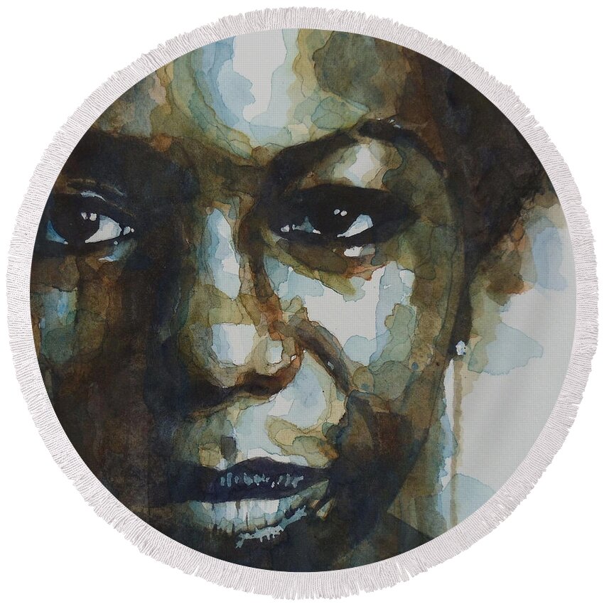 Nina Simone Round Beach Towel featuring the painting Nina Simone Ain't Got No by Paul Lovering