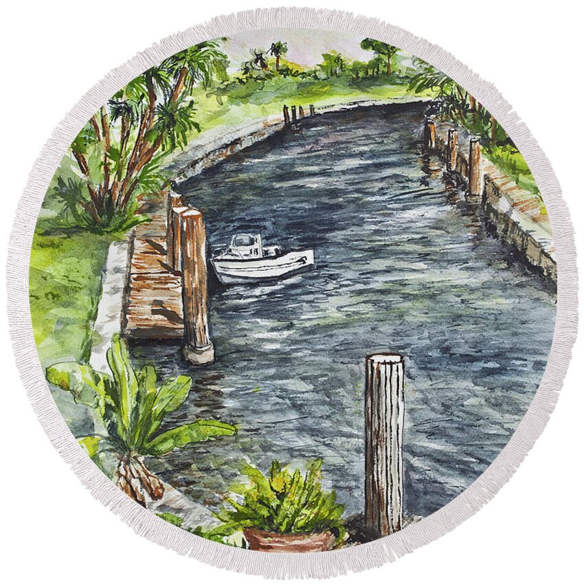 Water Round Beach Towel featuring the painting Ninas Back Yard by Janis Lee Colon