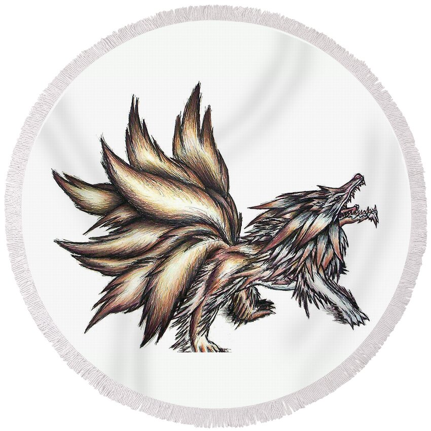 Wolf Round Beach Towel featuring the painting Nine Tails Wolf Demon by Shawn Dall