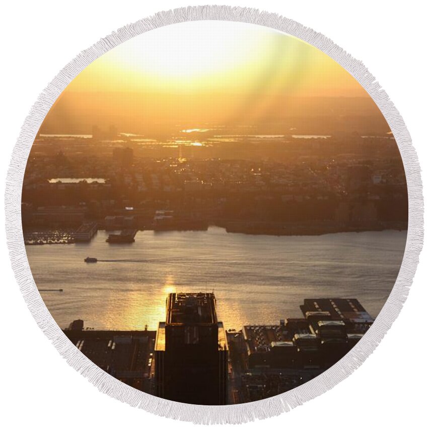 Nj Sunset From The Empire State Building Round Beach Towel featuring the photograph NJ Sunset From The Empire State Building by John Telfer