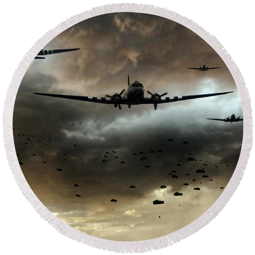 C47 Round Beach Towel featuring the digital art Normandy Invasion by Airpower Art