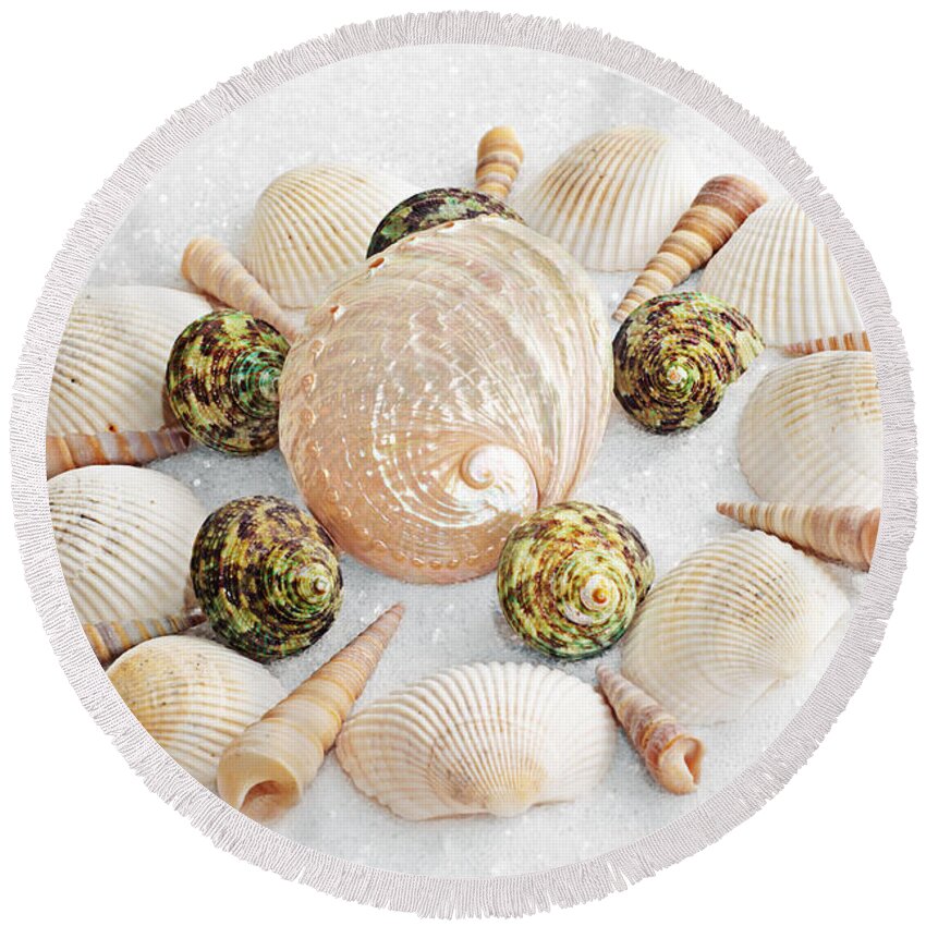 Seashells Round Beach Towel featuring the photograph North Carolina Circle Of Sea Shells by Andee Design