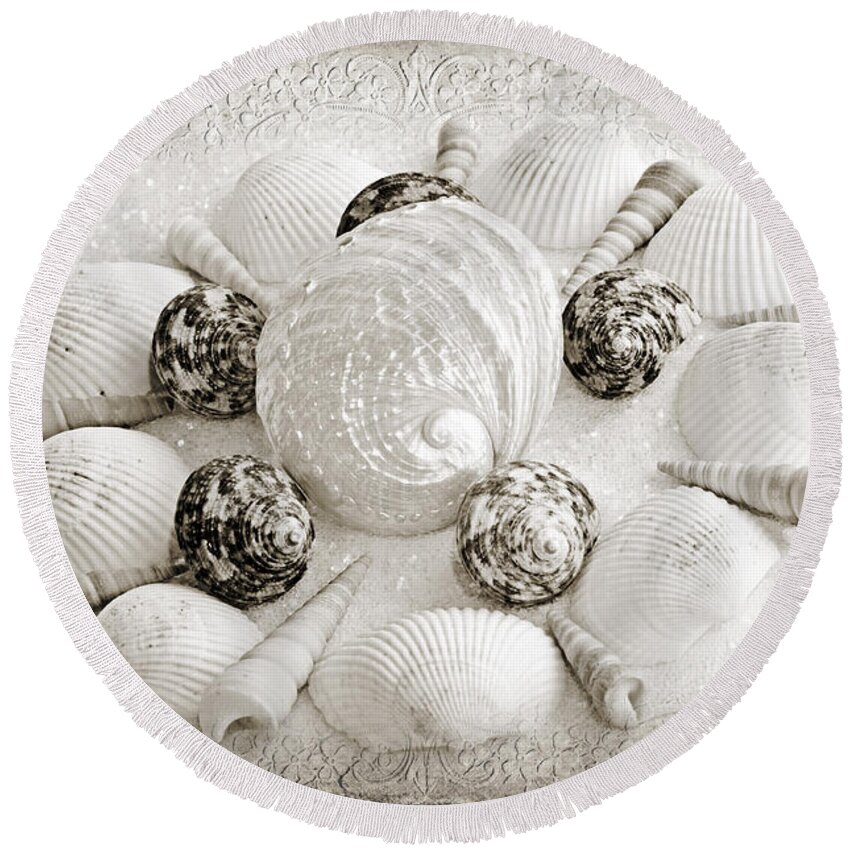 Seashells Round Beach Towel featuring the photograph North Carolina Circle Of Sea Shells BW by Andee Design