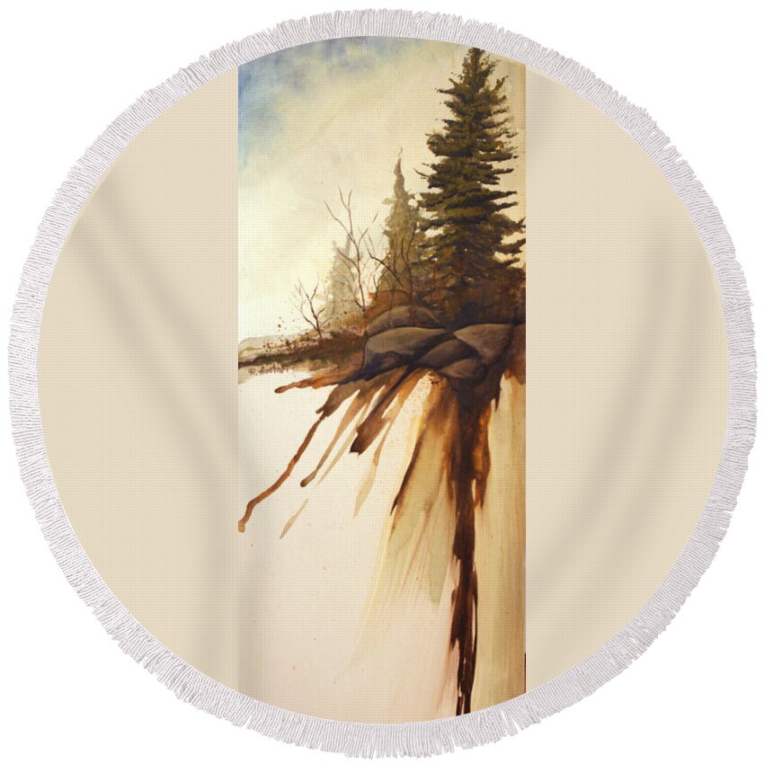 Rick Huotari Round Beach Towel featuring the painting North Woods Pines by Rick Huotari