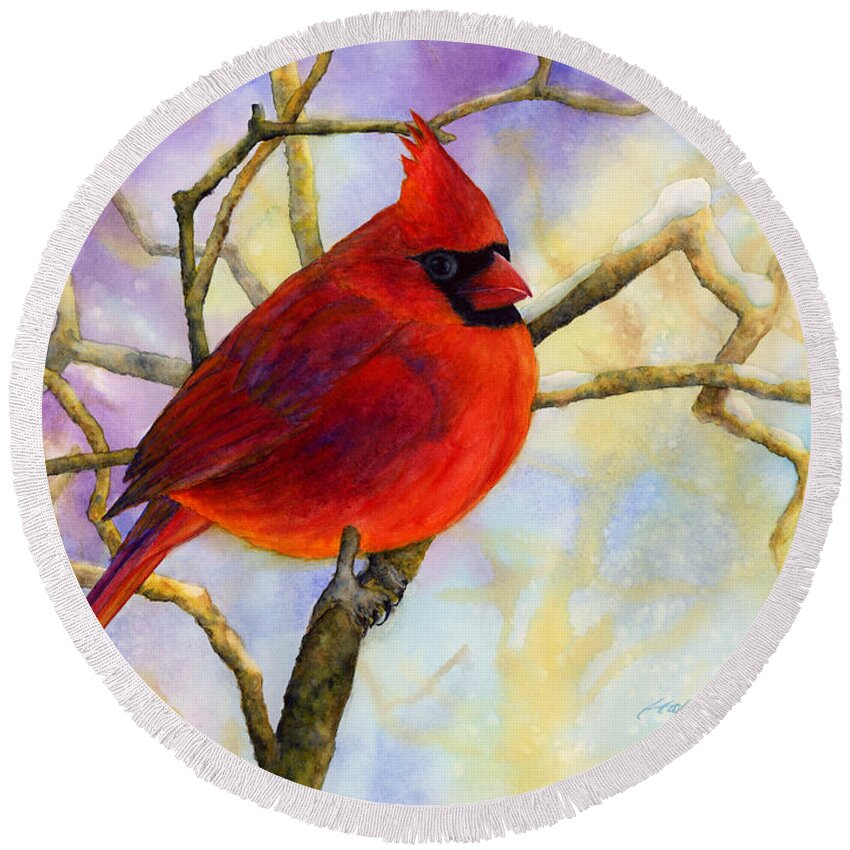 Cardinal Round Beach Towel featuring the painting Northern Cardinal by Hailey E Herrera