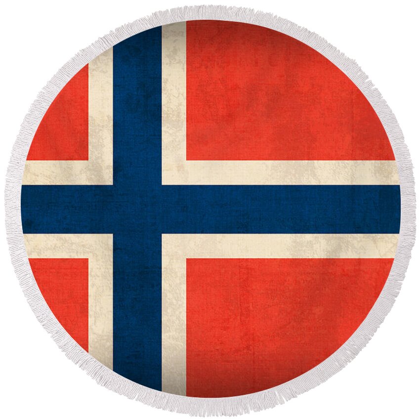 Norway Flag Distressed Vintage Finish Norwegian Oslo Scandinavian Europe Country Nation Round Beach Towel featuring the mixed media Norway Flag Distressed Vintage Finish by Design Turnpike