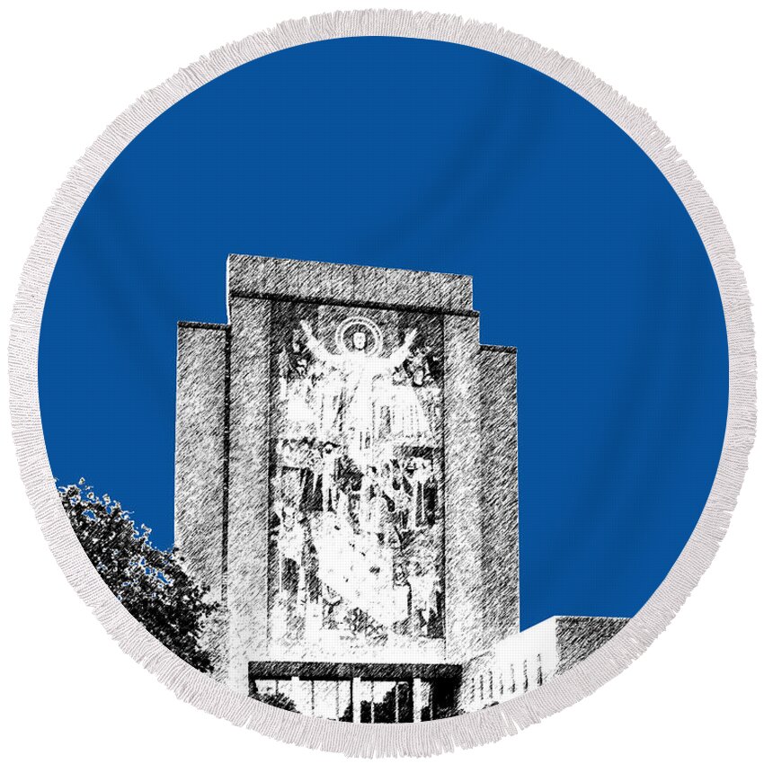 Architecture Round Beach Towel featuring the digital art Notre Dame University Skyline Hesburgh Library - Royal Blue by DB Artist