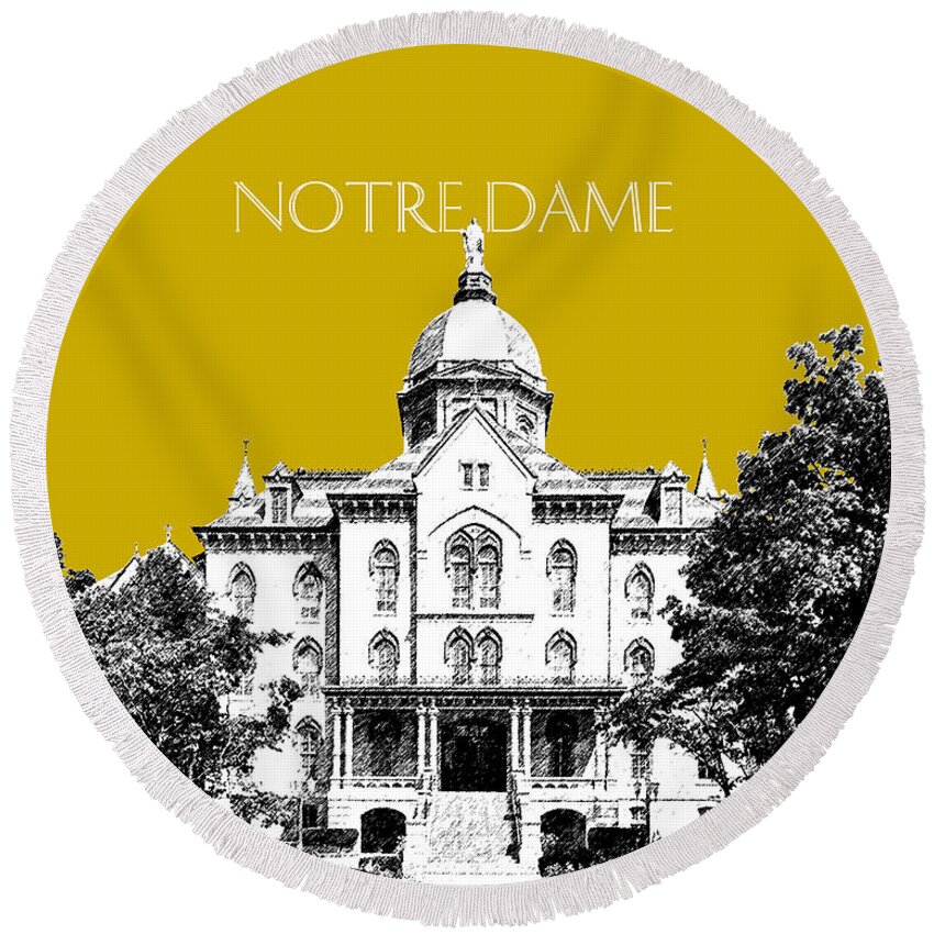 Architecture Round Beach Towel featuring the digital art Notre Dame University Skyline Main Building - Gold by DB Artist