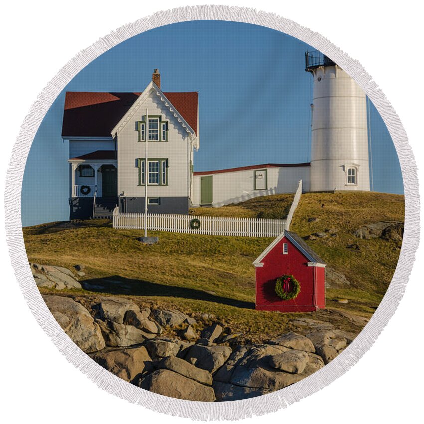 Nubble Light Round Beach Towel featuring the photograph Nubble Light at Christmas by Pat Lucas
