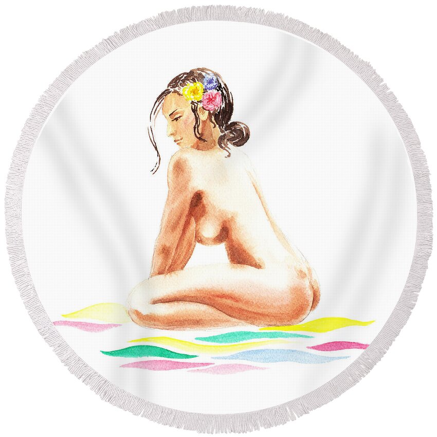 Nude Round Beach Towel featuring the painting Nude Model Gesture XVI Tropical Flower by Irina Sztukowski
