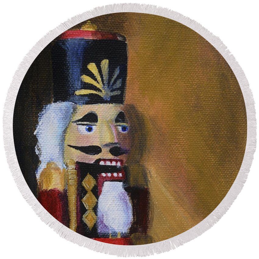Christmas Round Beach Towel featuring the painting Nutcracker II by Donna Tuten