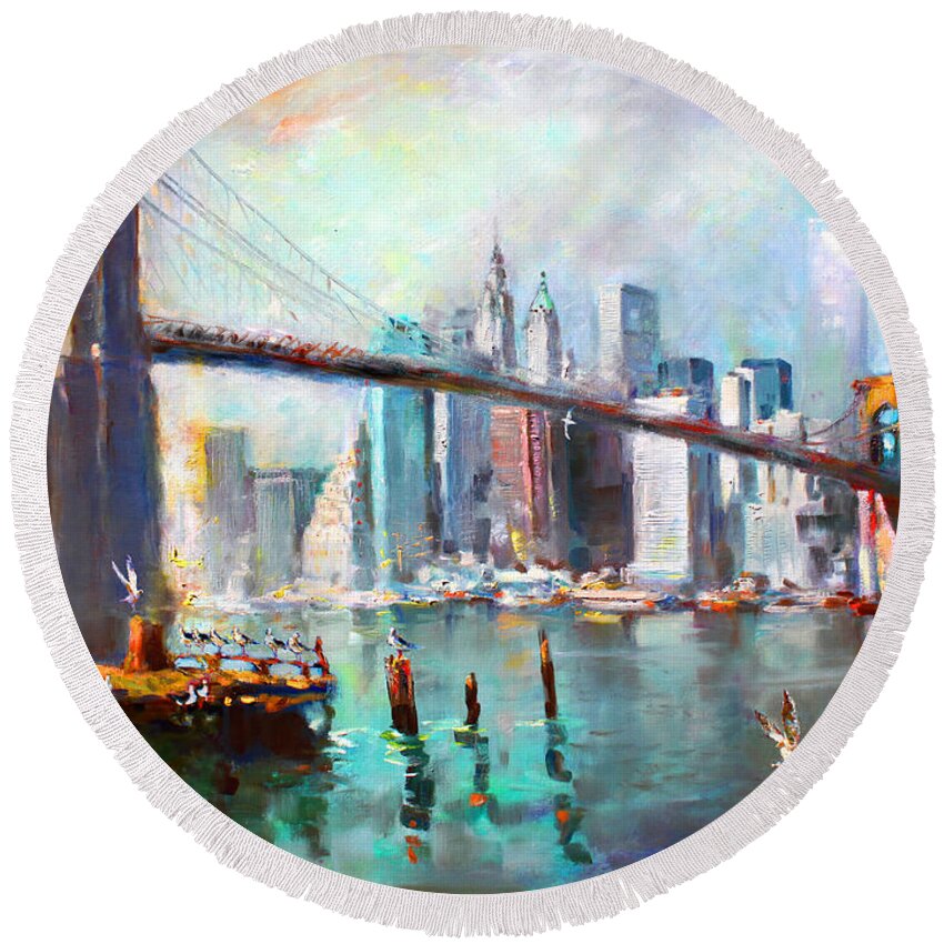 Nyc Round Beach Towel featuring the painting NY City Brooklyn Bridge II by Ylli Haruni
