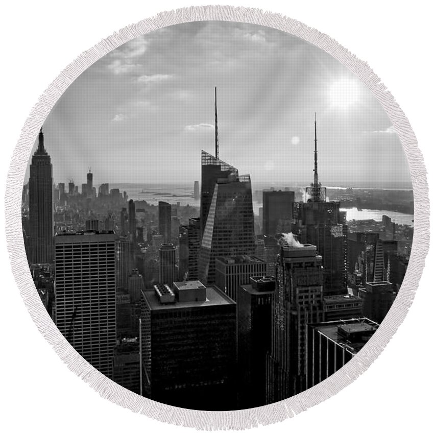 Black And White Round Beach Towel featuring the photograph NY Times Skyline BW by S Paul Sahm