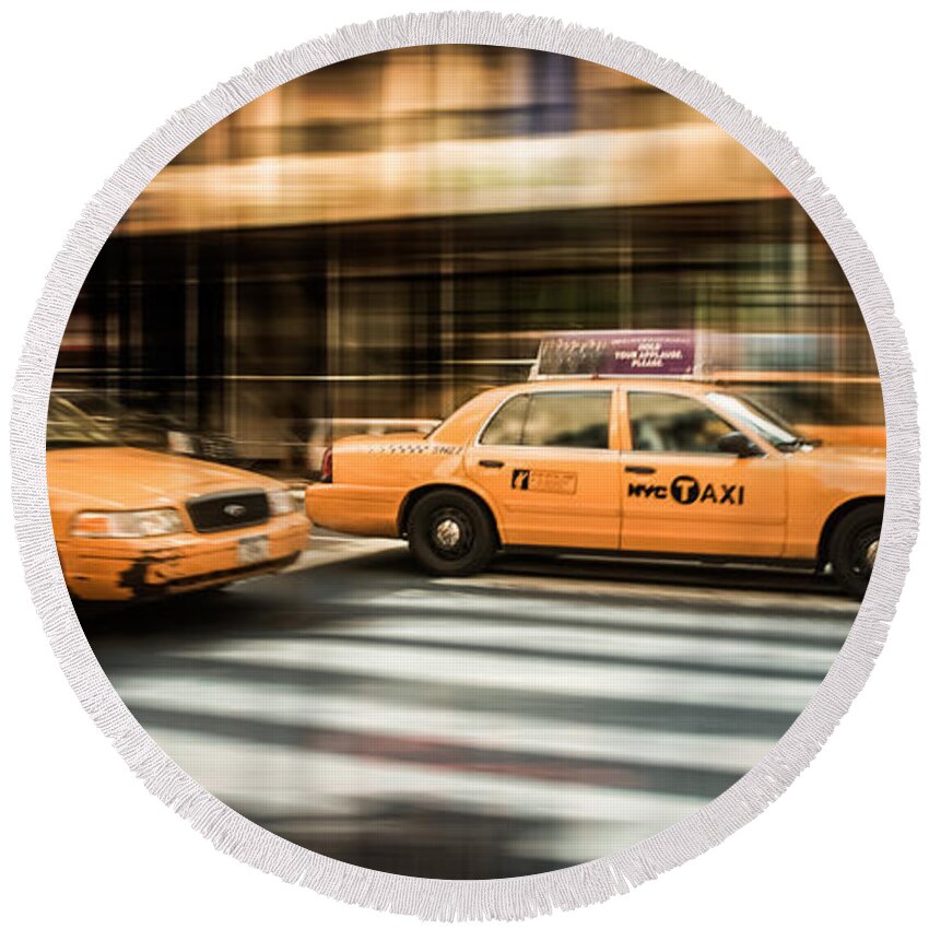Nyc Round Beach Towel featuring the photograph NYC Yellow Cabs by Hannes Cmarits