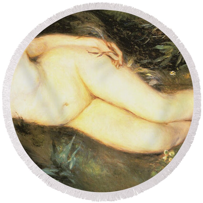 Nymph At The Stream Round Beach Towel featuring the digital art Nymph At The Stream by Pierre Auguste Renoir