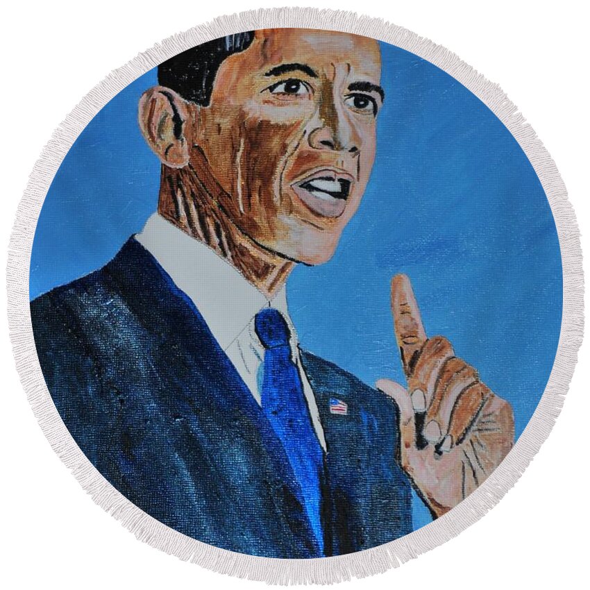Obama Round Beach Towel featuring the mixed media Obama by Deborah Stanley