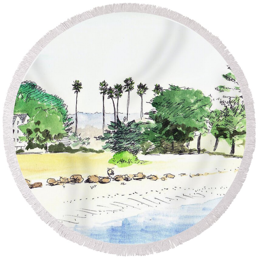 Sketch Round Beach Towel featuring the painting Ocean Beach by Masha Batkova