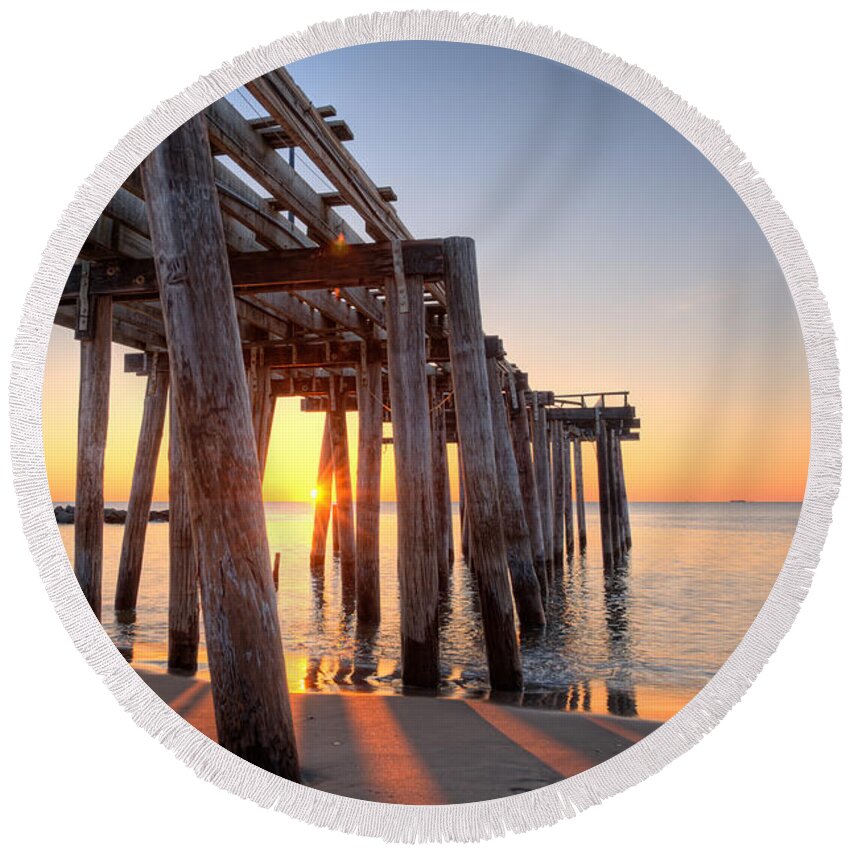 Landscape Round Beach Towel featuring the photograph Ocean Grove Pier Sunrise by Michael Ver Sprill