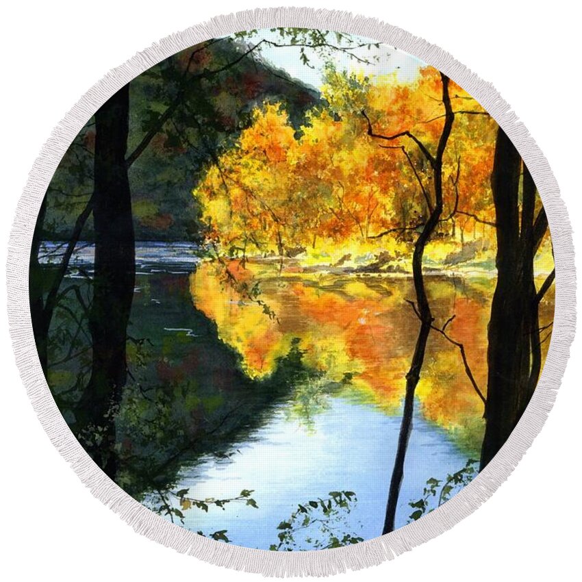 Water Color Paintings Round Beach Towel featuring the painting October At Ohiopyle by Barbara Jewell