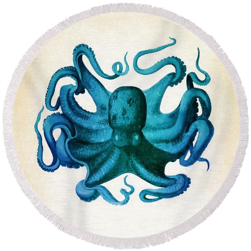 Octopus Round Beach Towel featuring the painting Octopus by Vintage
