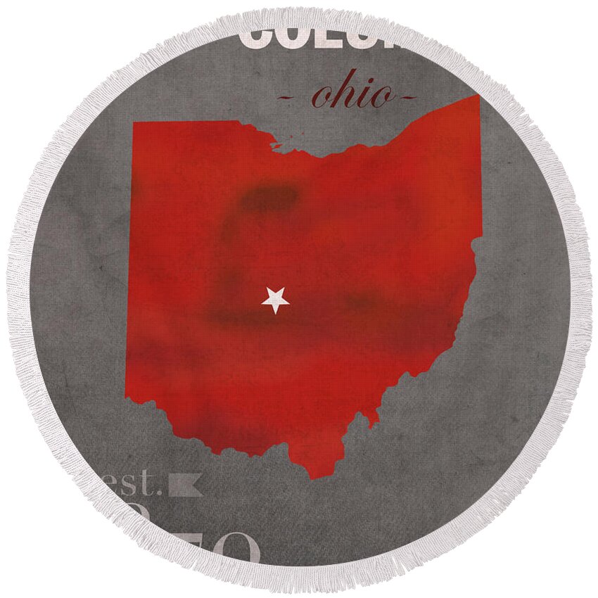 Ohio State University Round Beach Towel featuring the mixed media Ohio State University Buckeyes Columbus Ohio College Town State Map Poster Series No 005 by Design Turnpike
