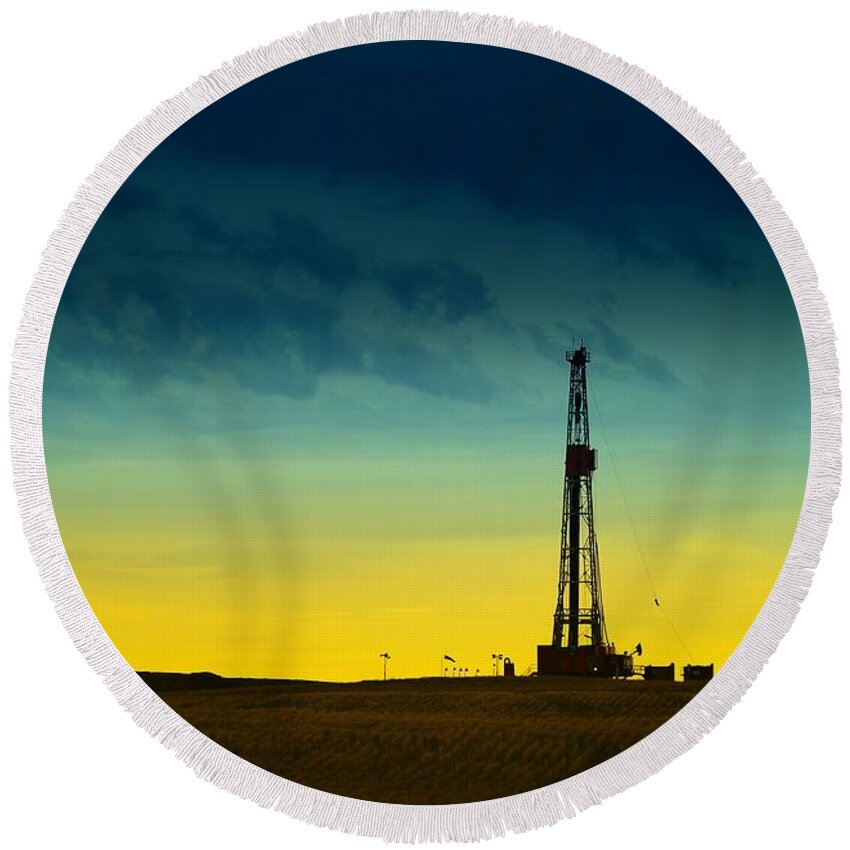 Oil Rigs Round Beach Towel featuring the photograph Oil Rig In The Spring by Jeff Swan