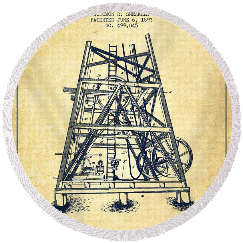 Oil Round Beach Towel featuring the digital art Oil Well Rig Patent from 1893 - Vintage by Aged Pixel